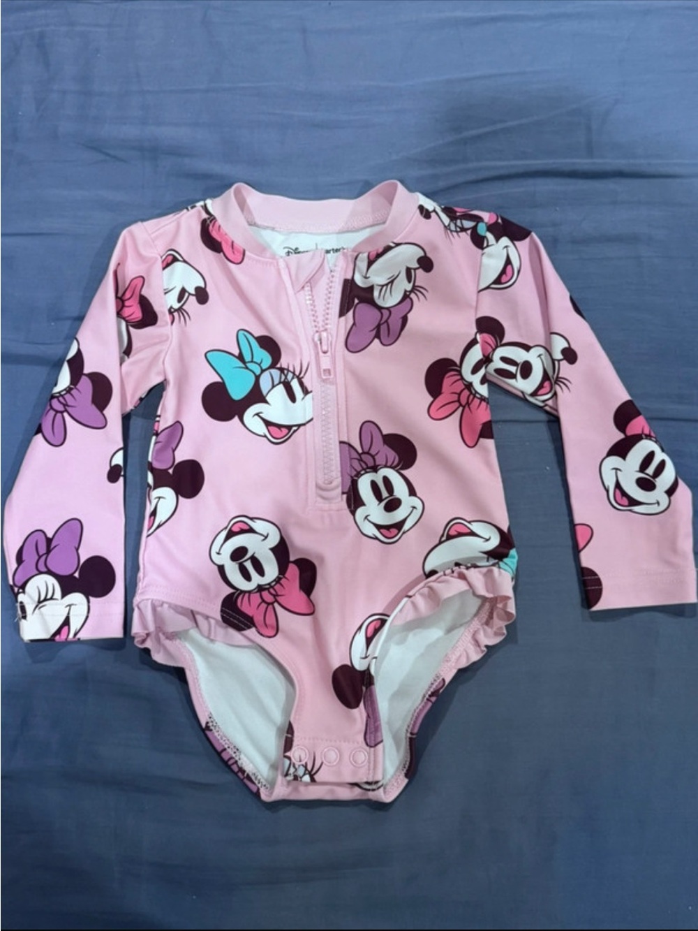 Carter's Pink Minnie Mouse Long-Sleeve One-Piece Swimsuit with Teal Bow Accents